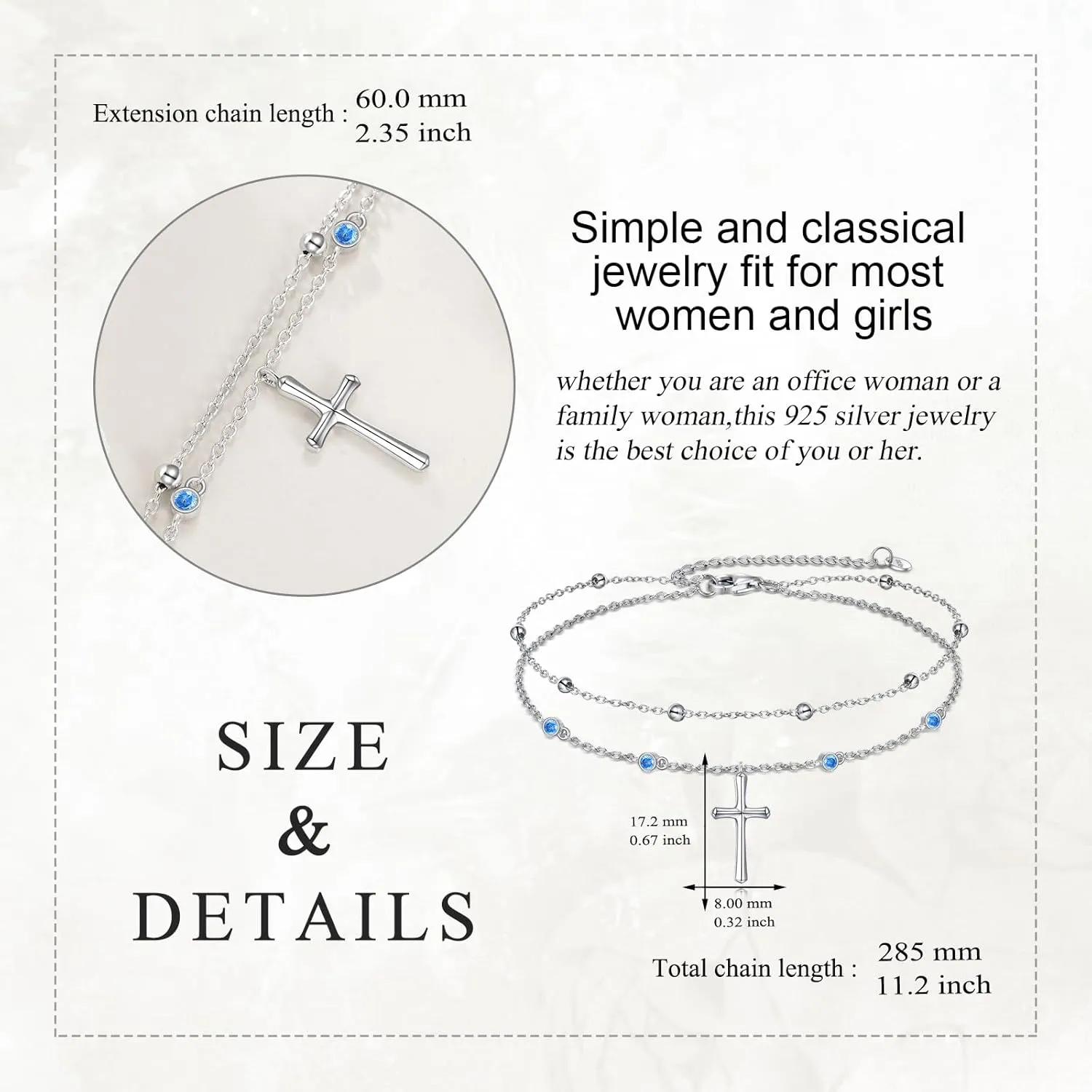LUHE Cross Ankle Bracelets Sterling Silver Religius Double Chain Anklets Christian Baptism Layered Anklet Jewelry Gifts for Women