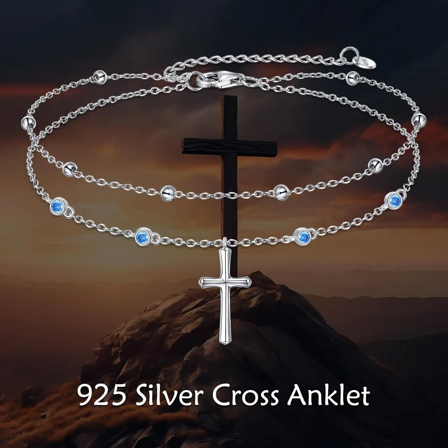 LUHE Cross Ankle Bracelets Sterling Silver Religius Double Chain Anklets Christian Baptism Layered Anklet Jewelry Gifts for Women