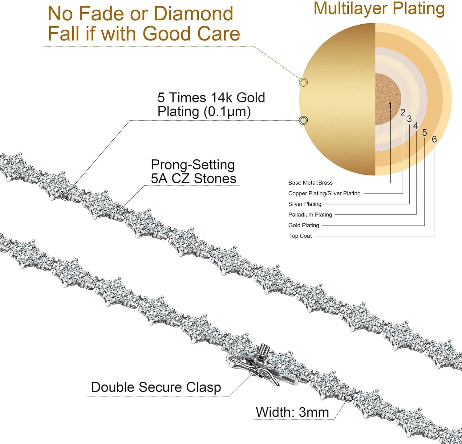 Lulu Mel 3mm Honeycomb Hip Hop 14K Gold Plated Necklace for Men Women, 16-20 Inches Prong Setting 5A Cubic Zirconia Diamond Classic Tennis Choker Necklace for Rapper with Gift Box