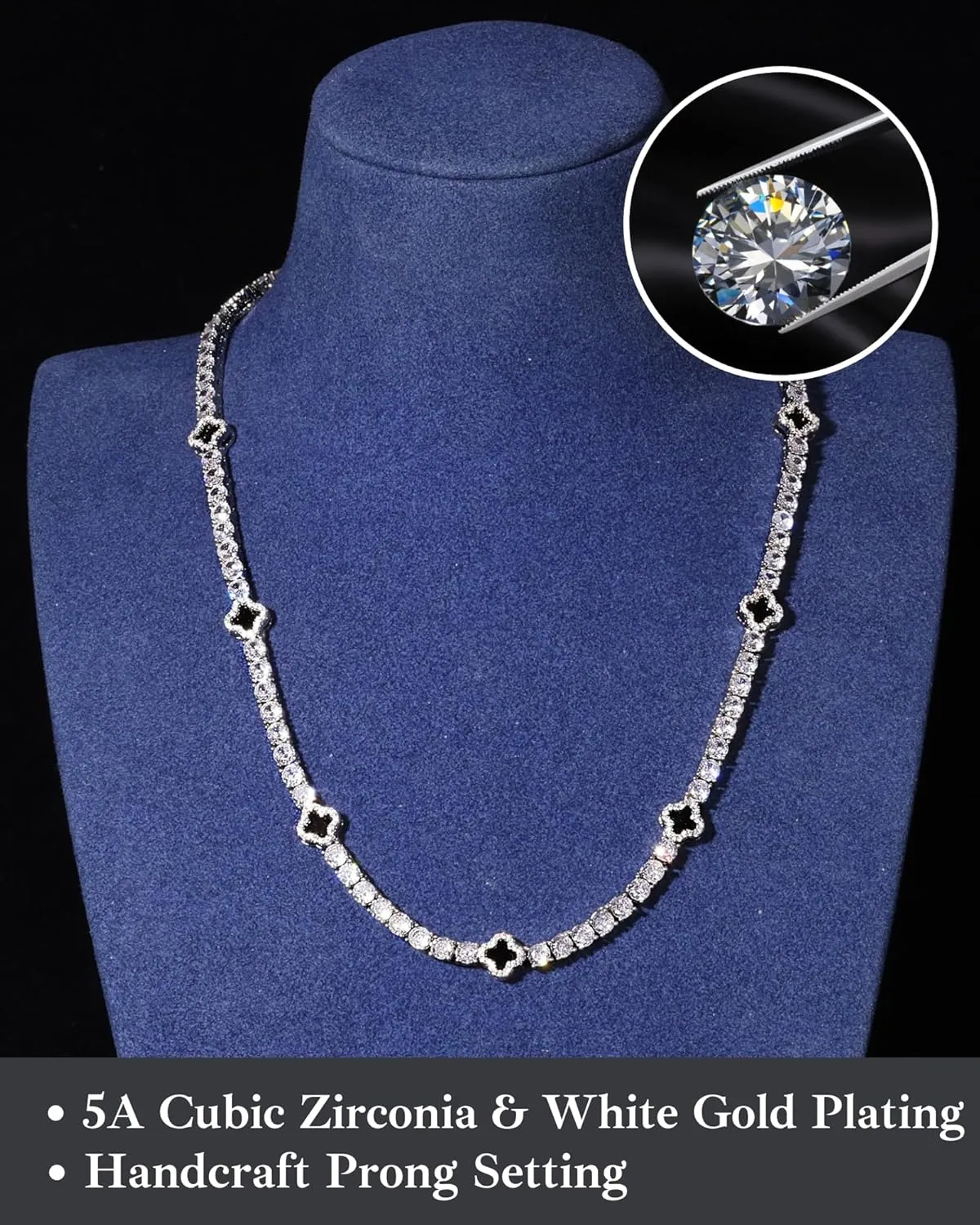 LuxeFlex 4mm Iced Out Four Leaf Tennis Chain,White Gold Plated with 5A Zircon Stones, exquisite Handmade Hip Hop Bling Necklace Perfect Unisex Jewelry Gift