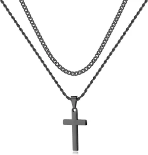 LUXEJEW Black Cross Necklace for Men, Mens Necklace Stainless Steel Cuban Link Chain Rope Chain Cross Pendant Necklaces for Men Baptism Communion Confirmation Christian Jewelry Gifts
