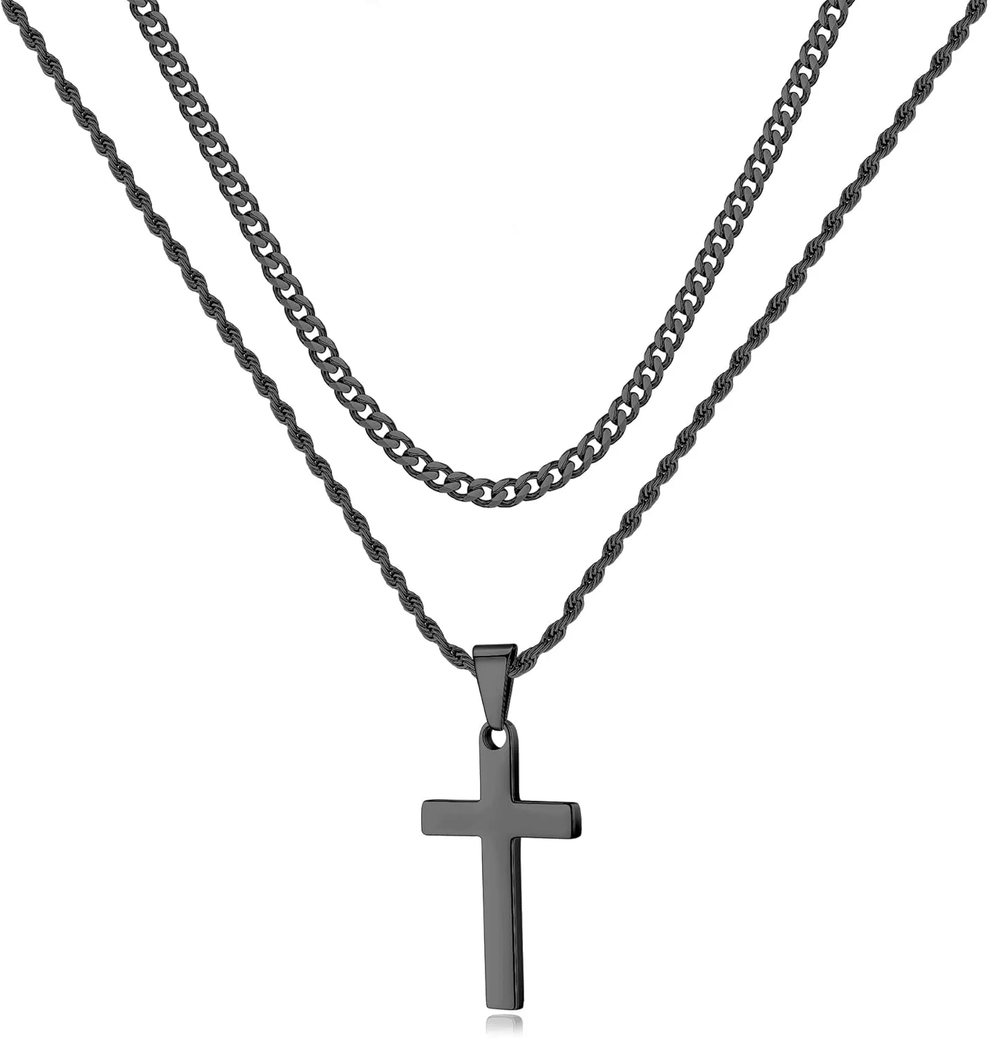 LUXEJEW Black Cross Necklace for Men, Mens Necklace Stainless Steel Cuban Link Chain Rope Chain Cross Pendant Necklaces for Men Baptism Communion Confirmation Christian Jewelry Gifts