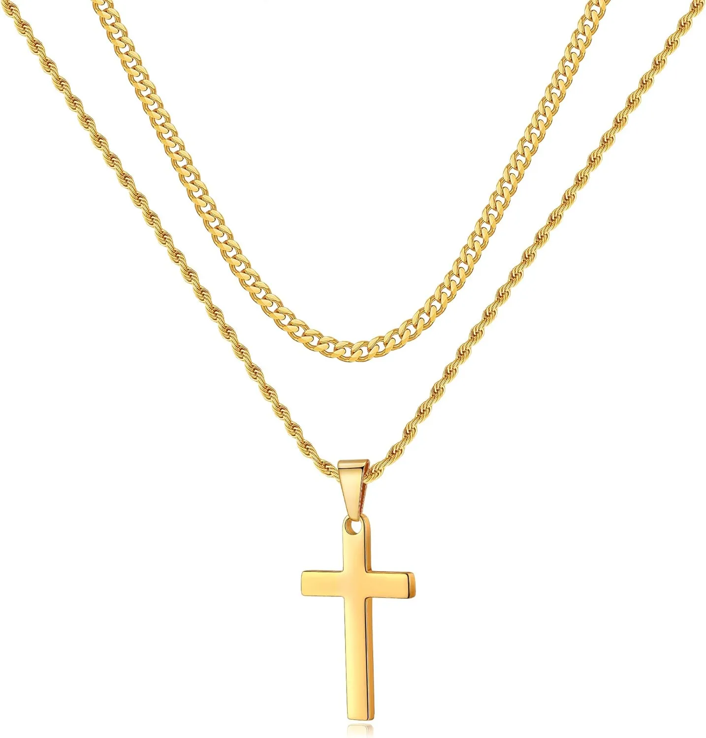 LUXEJEW Gold Cross Necklace for Men, Mens Necklace Stainless Steel Cuban Link Chain Rope Chain Cross Pendant Necklaces for Men 18 Inches Baptism Communion Confirmation Christian Jewelry Gifts