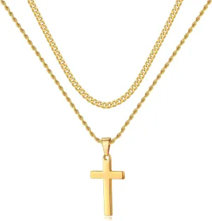 LUXEJEW Gold Cross Necklace for Men, Mens Necklace Stainless Steel Cuban Link Chain Rope Chain Cross Pendant Necklaces for Men 18 Inches Baptism Communion Confirmation Christian Jewelry Gifts