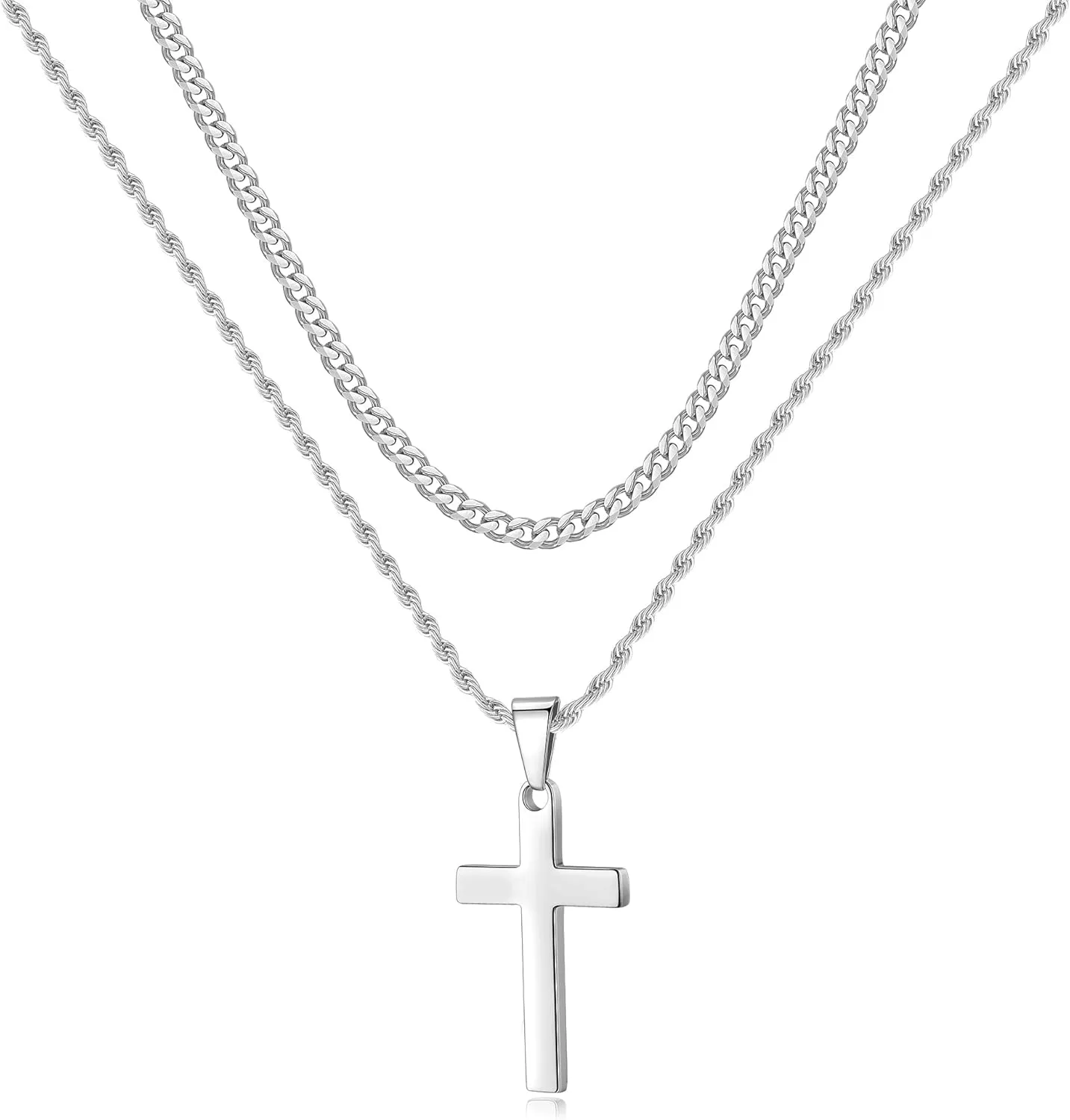 LUXEJEW Silver Cross Necklace for Men, Mens Necklace Stainless Steel Cuban Link Chain Rope Chain Cross Pendant Necklaces for Men 18 Inches Baptism Communion Confirmation Christian Jewelry Gifts