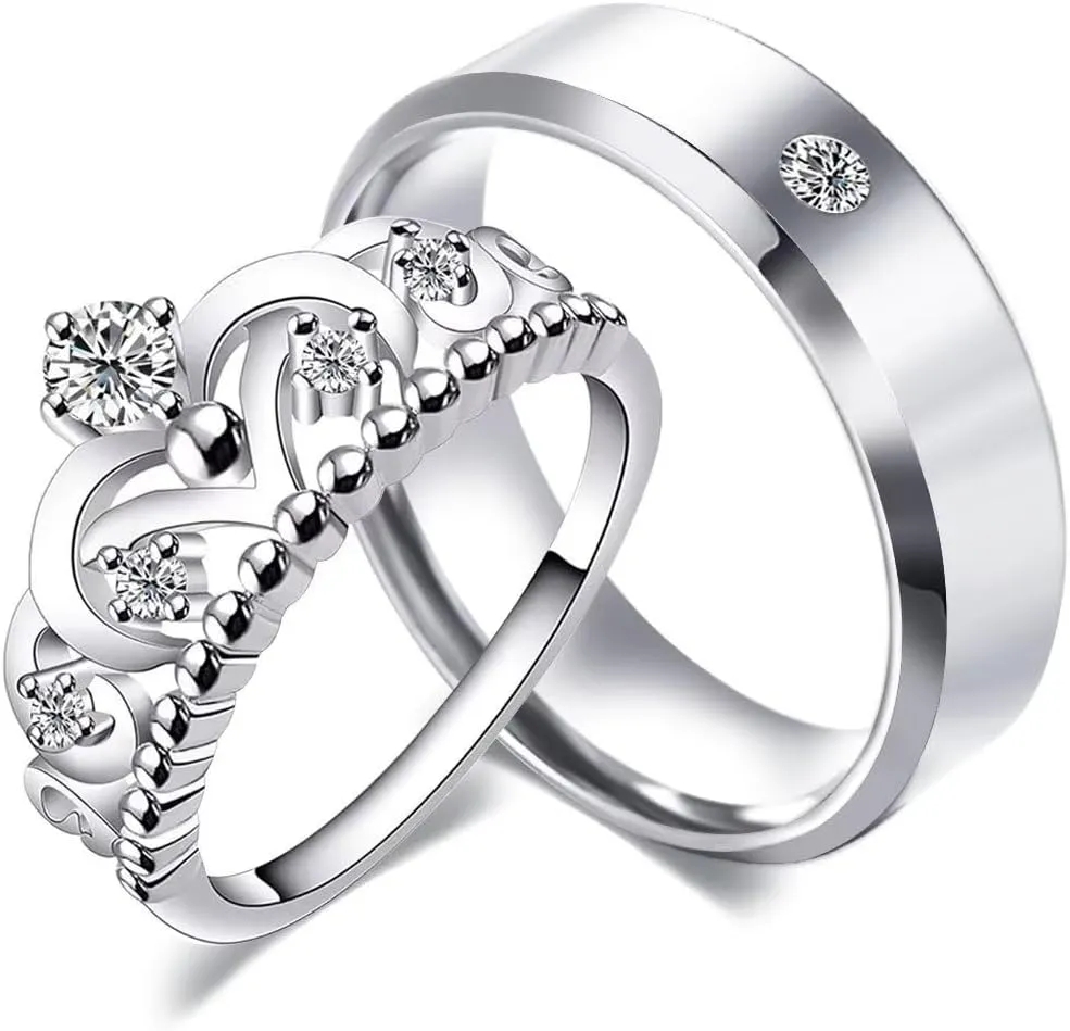 LWJYX His Hers Couples Rings Women's Crown White Gold Filled Round CZ Wedding Engagement Ring & Men's Stainless Steel Wedding Band