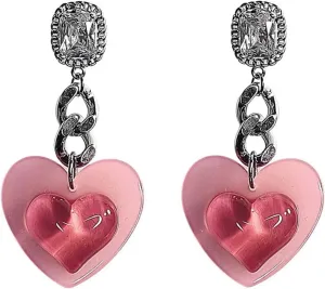 MALOYANVE Pink Heart Earrings for Women Sweet Cute Long Acrylic Double Love Heart Sparkling Crystals Fine Link Chain Dangle Drop Studs Earrings Jewelry Gifts