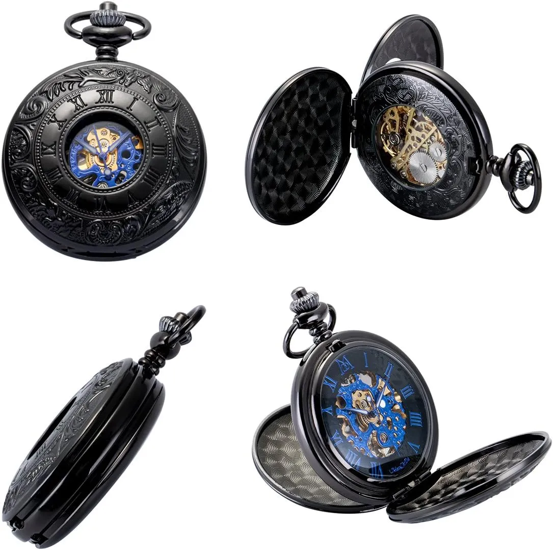 ManChDa Mechanical Roman Numerals Dial Skeleton Pocket Watches with Box and Chains for Mens Women
