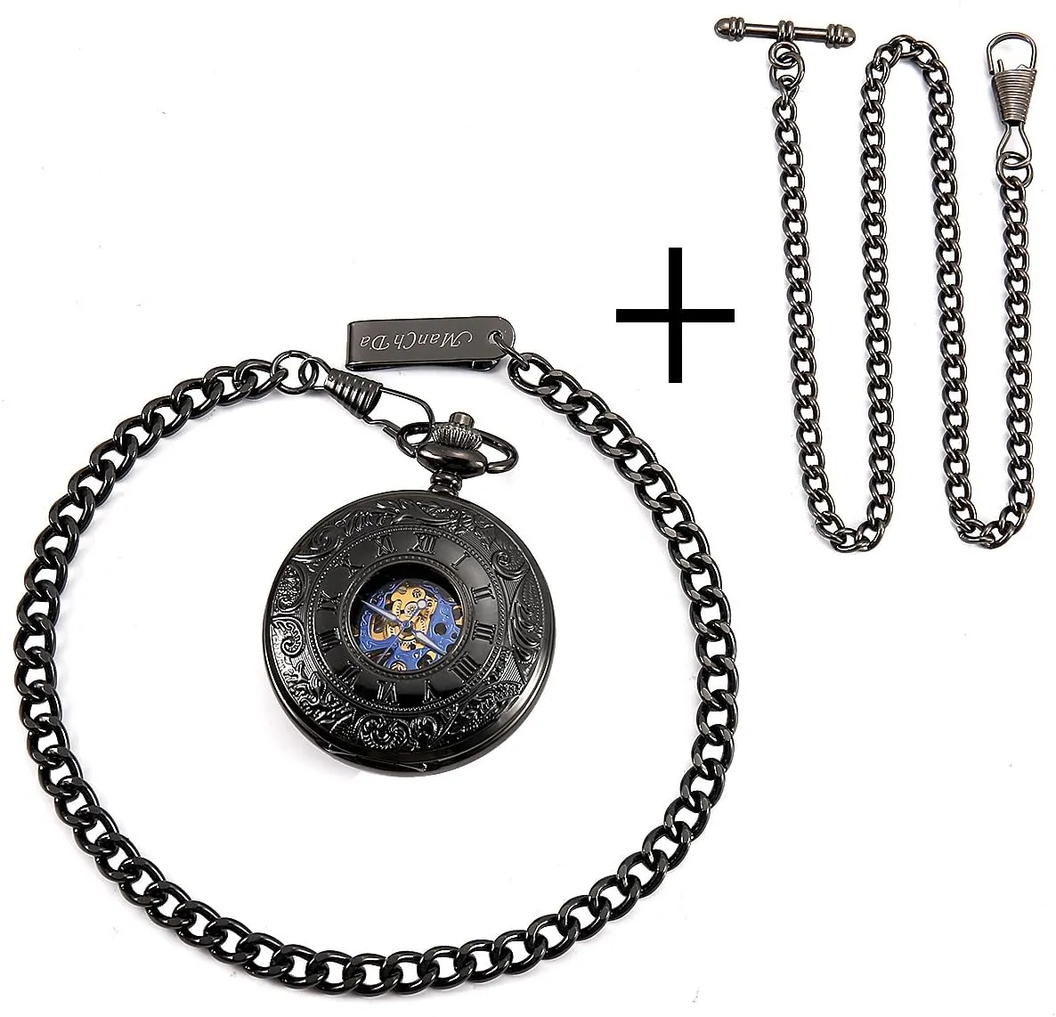ManChDa Mechanical Roman Numerals Dial Skeleton Pocket Watches with Box and Chains for Mens Women