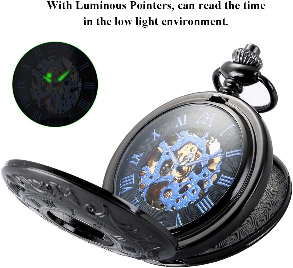 ManChDa Mechanical Roman Numerals Dial Skeleton Pocket Watches with Box and Chains for Mens Women