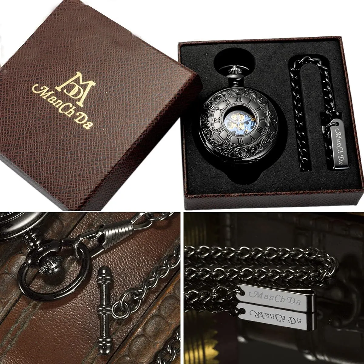 ManChDa Mechanical Roman Numerals Dial Skeleton Pocket Watches with Box and Chains for Mens Women
