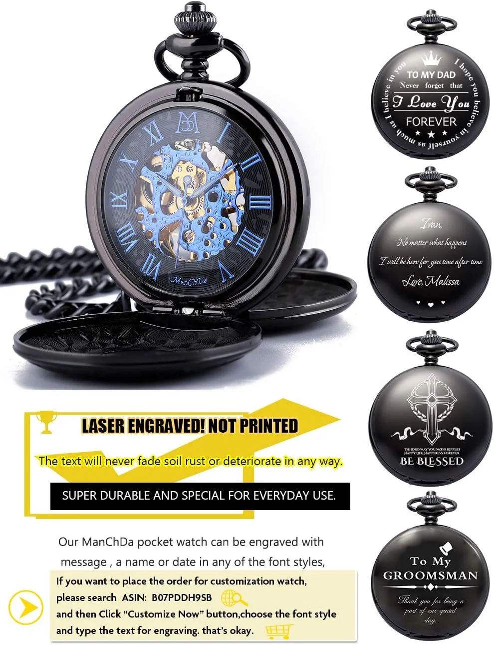 ManChDa Mechanical Roman Numerals Dial Skeleton Pocket Watches with Box and Chains for Mens Women