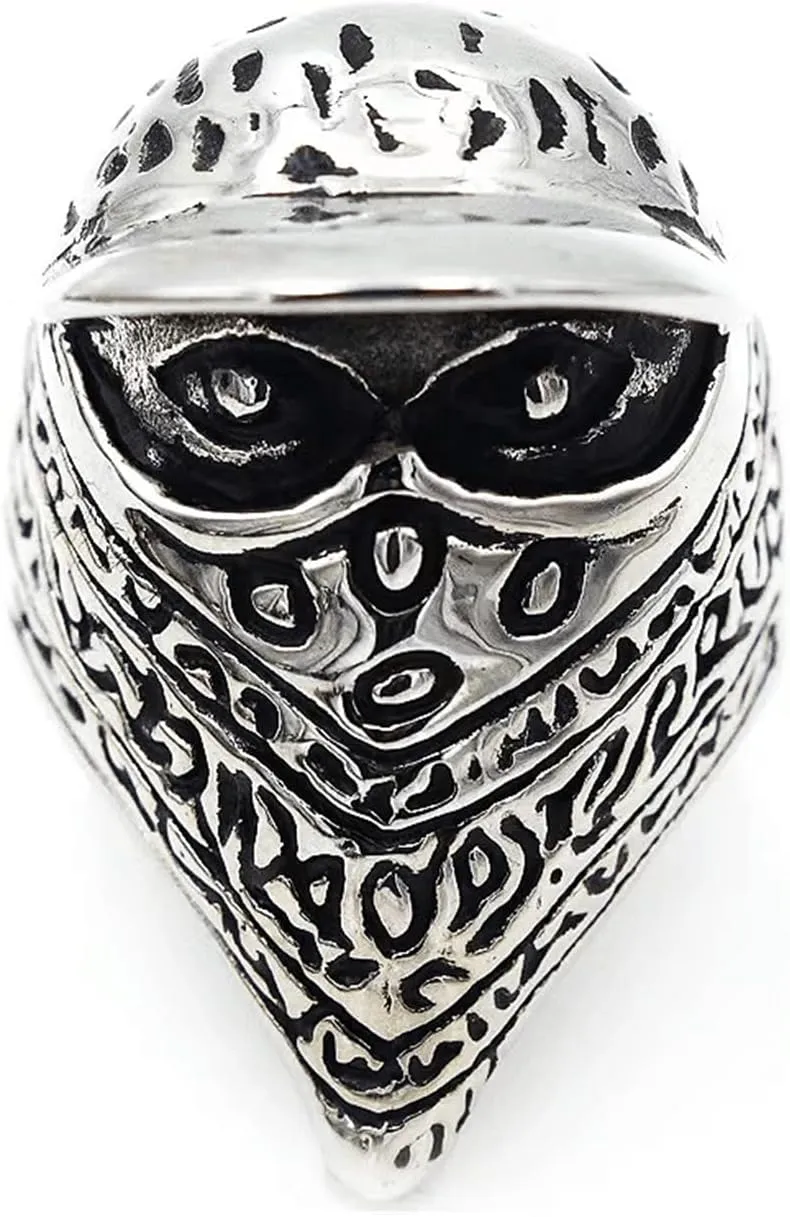Masked men Skull Ring with Scarf and Hat Gothic 316 Stainless Steel Rings Iced Out Jewelry Punk Ring Cocktail Party Ring Vintage Gothic Devil Demon Skull Style
