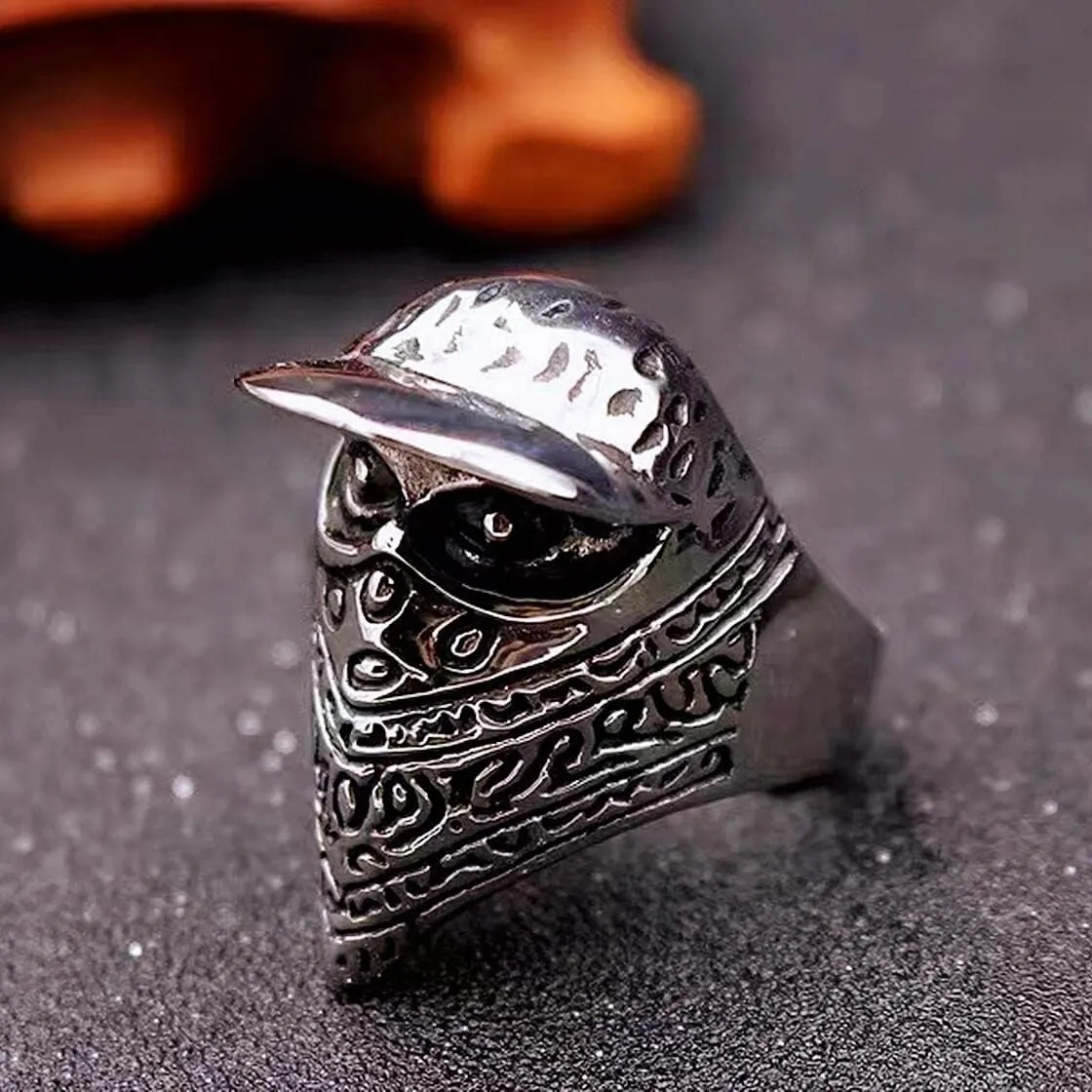 Masked men Skull Ring with Scarf and Hat Gothic 316 Stainless Steel Rings Iced Out Jewelry Punk Ring Cocktail Party Ring Vintage Gothic Devil Demon Skull Style