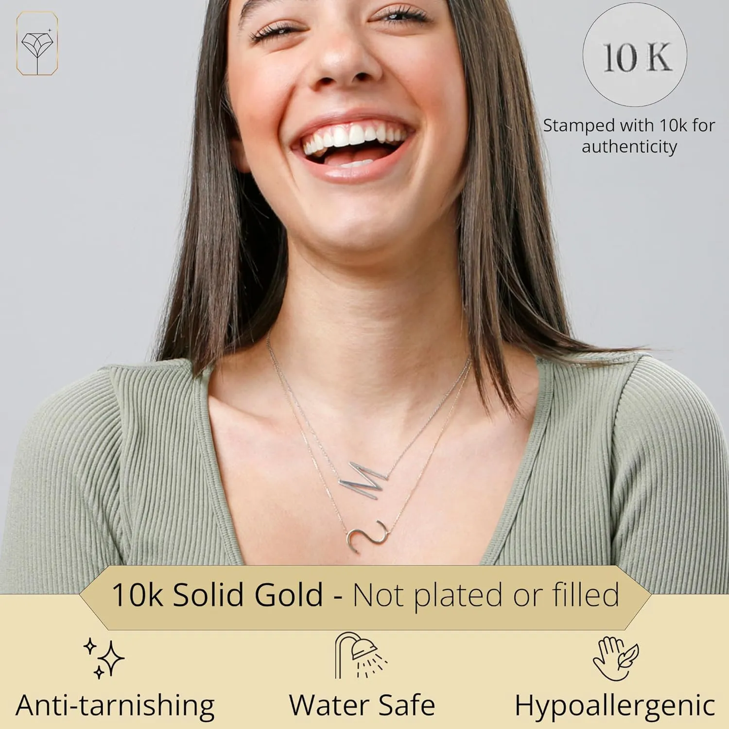 MAX   STONE Block 10k Yellow or White Gold Letter Necklace for Women | Personalized Gold Initial Necklace for Women | Real Gold Necklace with Initial Letter on an 16-18 inch Cable Chain