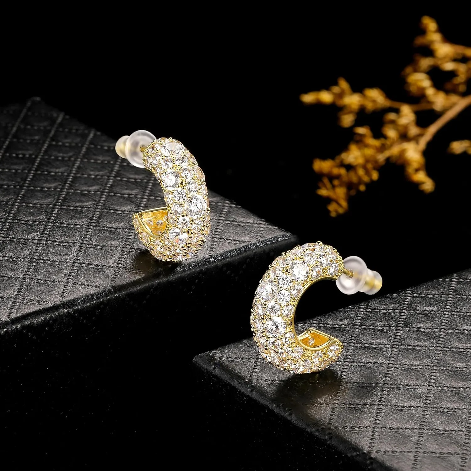 MDFUN Sparkling Cubic Zirconia Earrings for Women Stud Earrings Teardrop C-shape Iced Out Hypoallergenic 18K White Gold/Yellow Gold Plated Earrings