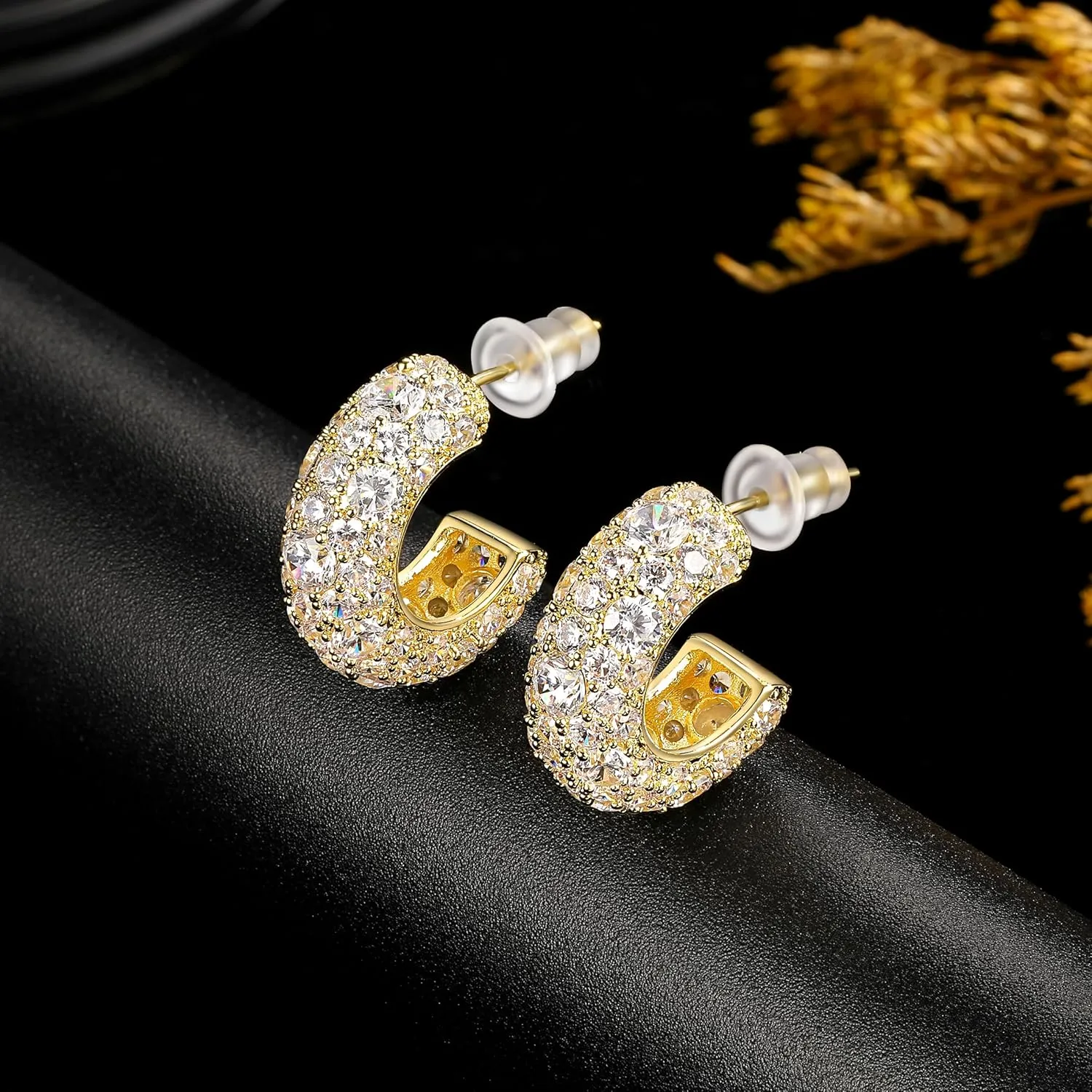 MDFUN Sparkling Cubic Zirconia Earrings for Women Stud Earrings Teardrop C-shape Iced Out Hypoallergenic 18K White Gold/Yellow Gold Plated Earrings