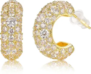 MDFUN Sparkling Cubic Zirconia Earrings for Women Stud Earrings Teardrop C-shape Iced Out Hypoallergenic 18K White Gold/Yellow Gold Plated Earrings