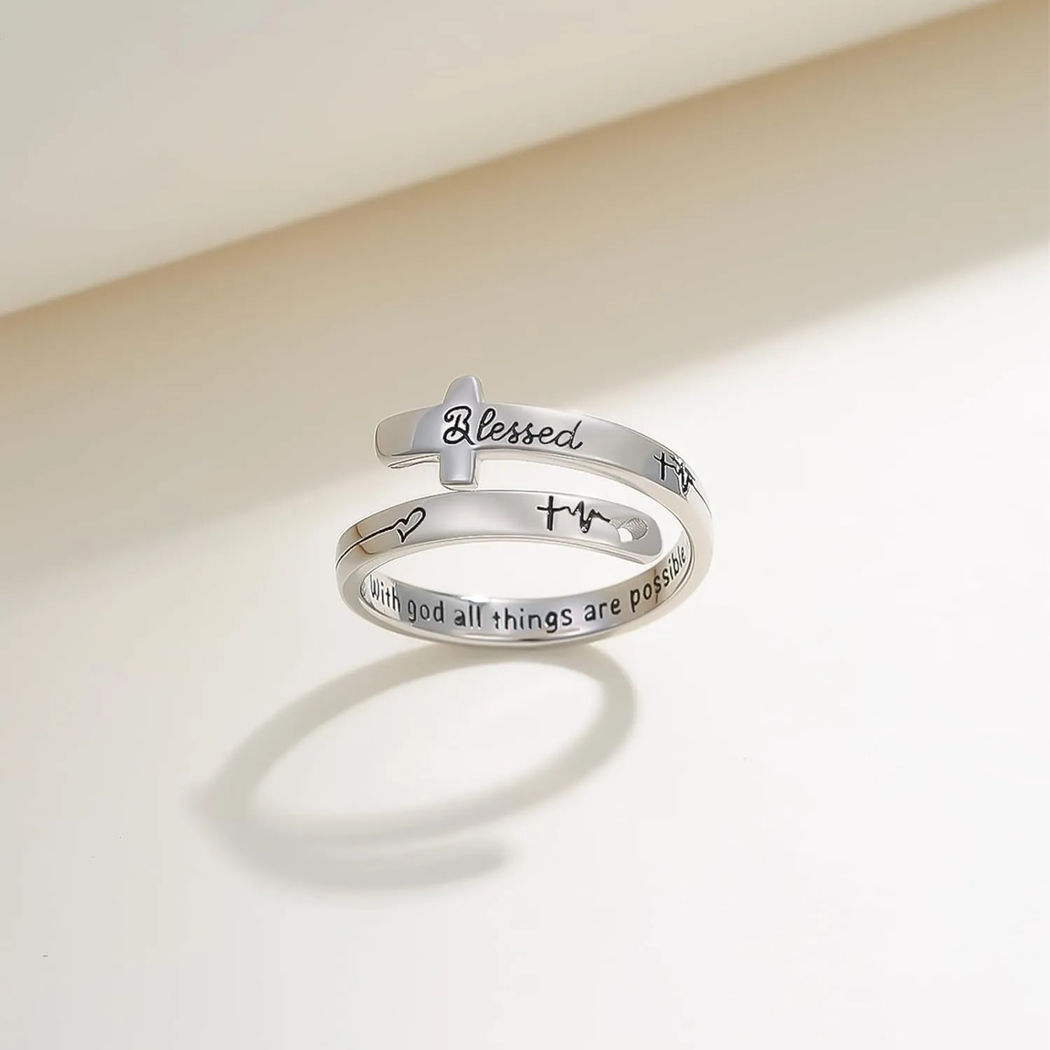 MEDWISE Sterling Silver Cross Ring for Women Christian Blessed Faith Ring Inspirational Encouragement Jewelry Statement Wrap Finger Open Adjustable Cross Heart Ring Gift for Couples