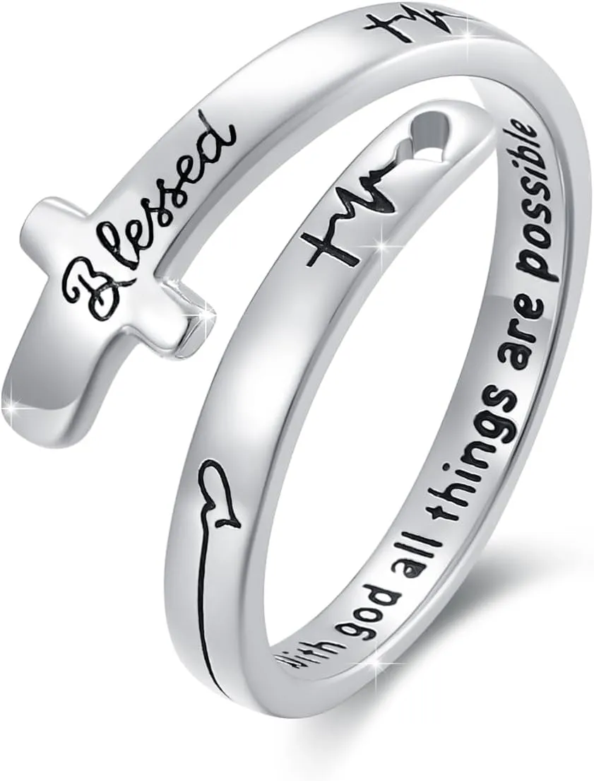 MEDWISE Sterling Silver Cross Ring for Women Christian Blessed Faith Ring Inspirational Encouragement Jewelry Statement Wrap Finger Open Adjustable Cross Heart Ring Gift for Couples
