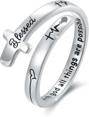 MEDWISE Sterling Silver Cross Ring for Women Christian Blessed Faith Ring Inspirational Encouragement Jewelry Statement Wrap Finger Open Adjustable Cross Heart Ring Gift for Couples