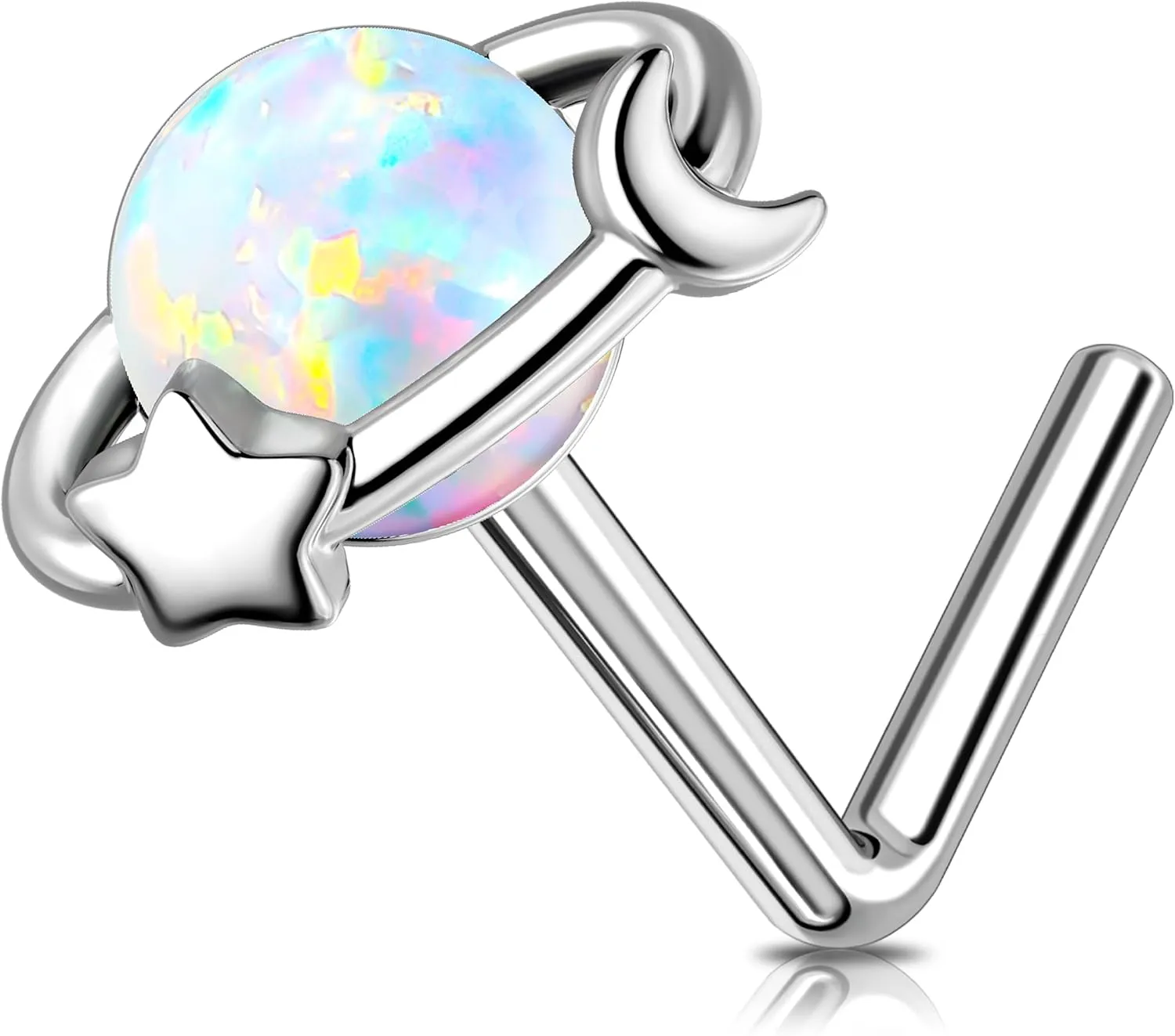 MeIighting 20G L-Shaped Nose Ring 7mm Planet Nose Stud Stainless Steel 316L Opal Nose Jewelry Hoop Surgical for Women