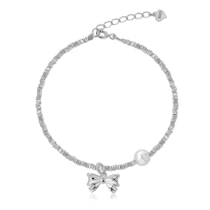 Meissa Elegant Bow and Pearl Bracelet for Women Girls Coquette Ribbon Bow 925 Sterling Silver Freshwater Pearl Dainty Cute Unique Beaded Friendship Bracelet Gift, Silver