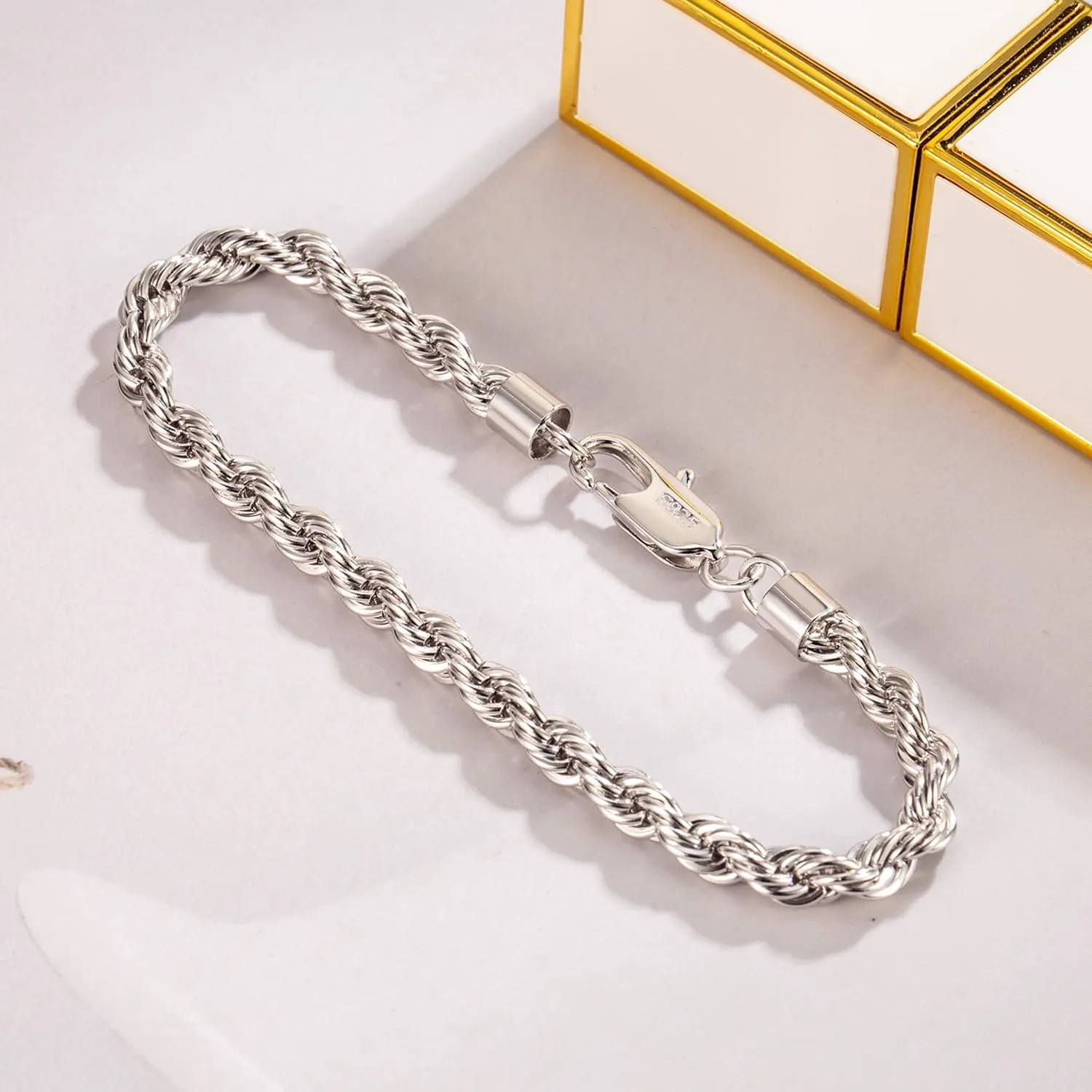 Men Diamond Cut 925 Sterling Silver 5mm Twist Rope Chain Bracelets Women Bangle Clasp Rope Box Chain 6.3" 6.7" 7" 7.5" 8" 8.5" 9" 24k Real Gold Plated Cuff Jewelry Gifts