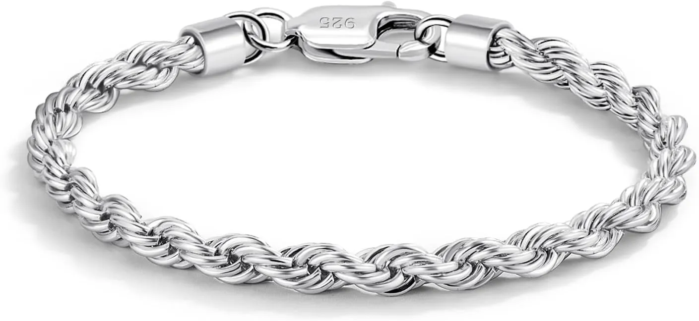 Men Diamond Cut 925 Sterling Silver 5mm Twist Rope Chain Bracelets Women Bangle Clasp Rope Box Chain 6.3" 6.7" 7" 7.5" 8" 8.5" 9" 24k Real Gold Plated Cuff Jewelry Gifts