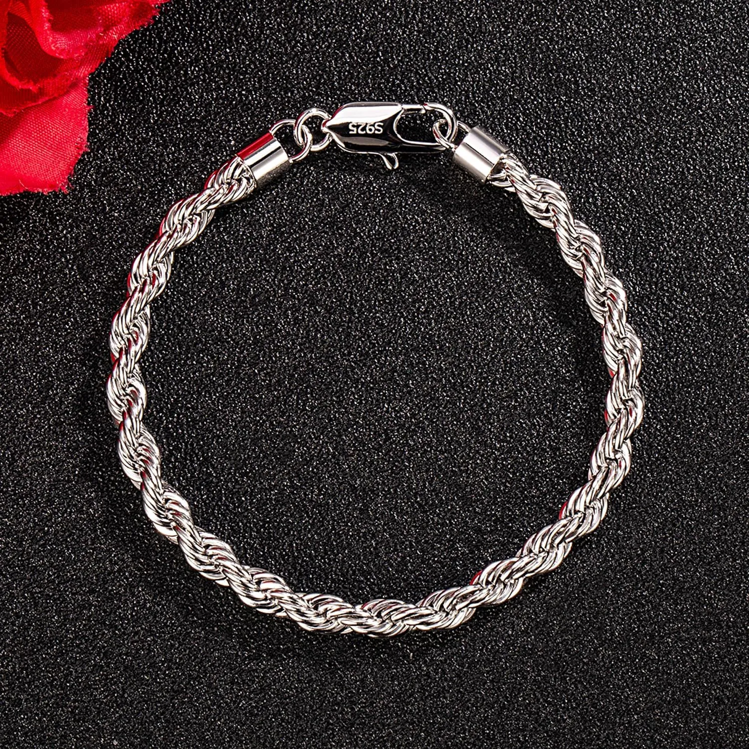 Men Diamond Cut 925 Sterling Silver 5mm Twist Rope Chain Bracelets Women Bangle Clasp Rope Box Chain 6.3" 6.7" 7" 7.5" 8" 8.5" 9" 24k Real Gold Plated Cuff Jewelry Gifts