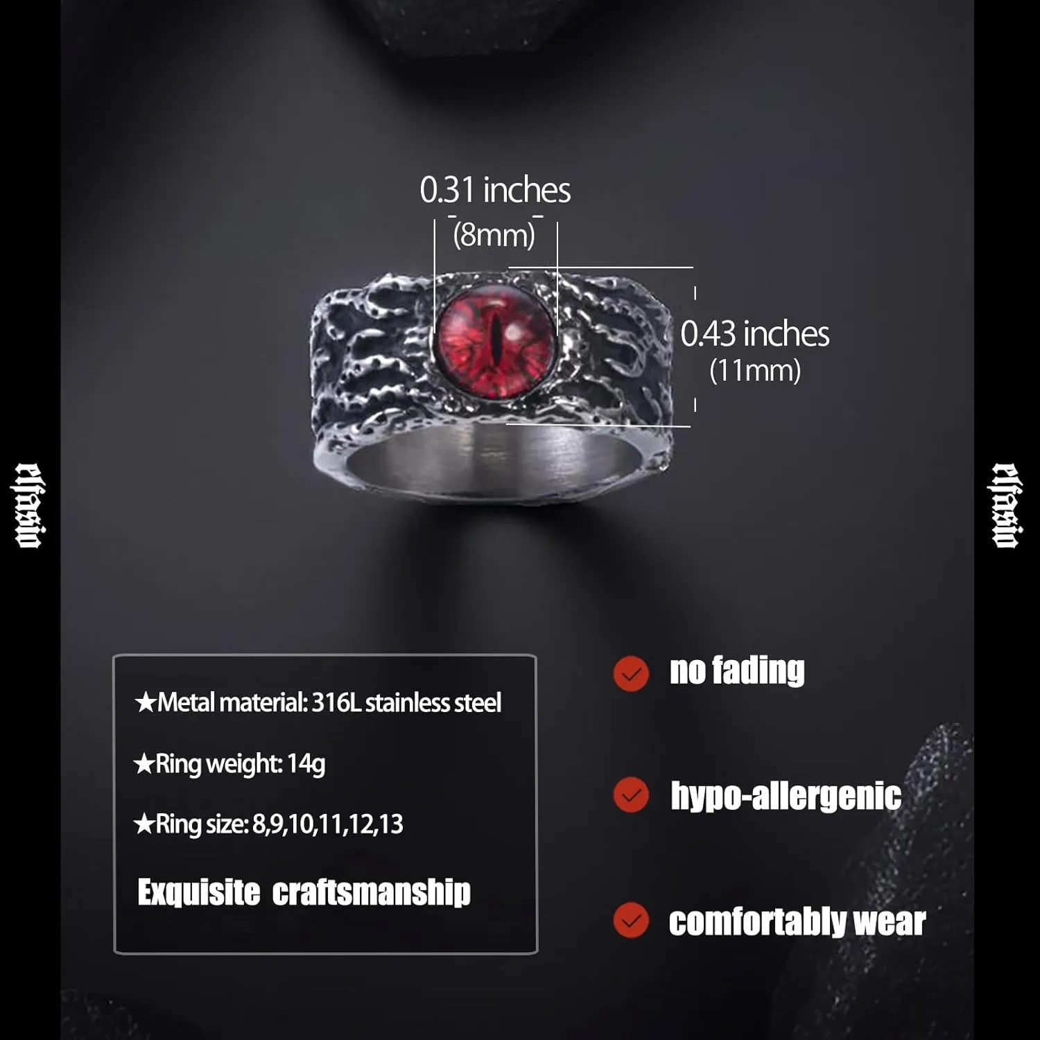 Men Stainless Steel Rings The Devil Dragon eye/Eyes of Hell Demon Red/Blue/Purple/Green Biker Vintage Ring Size 8-15