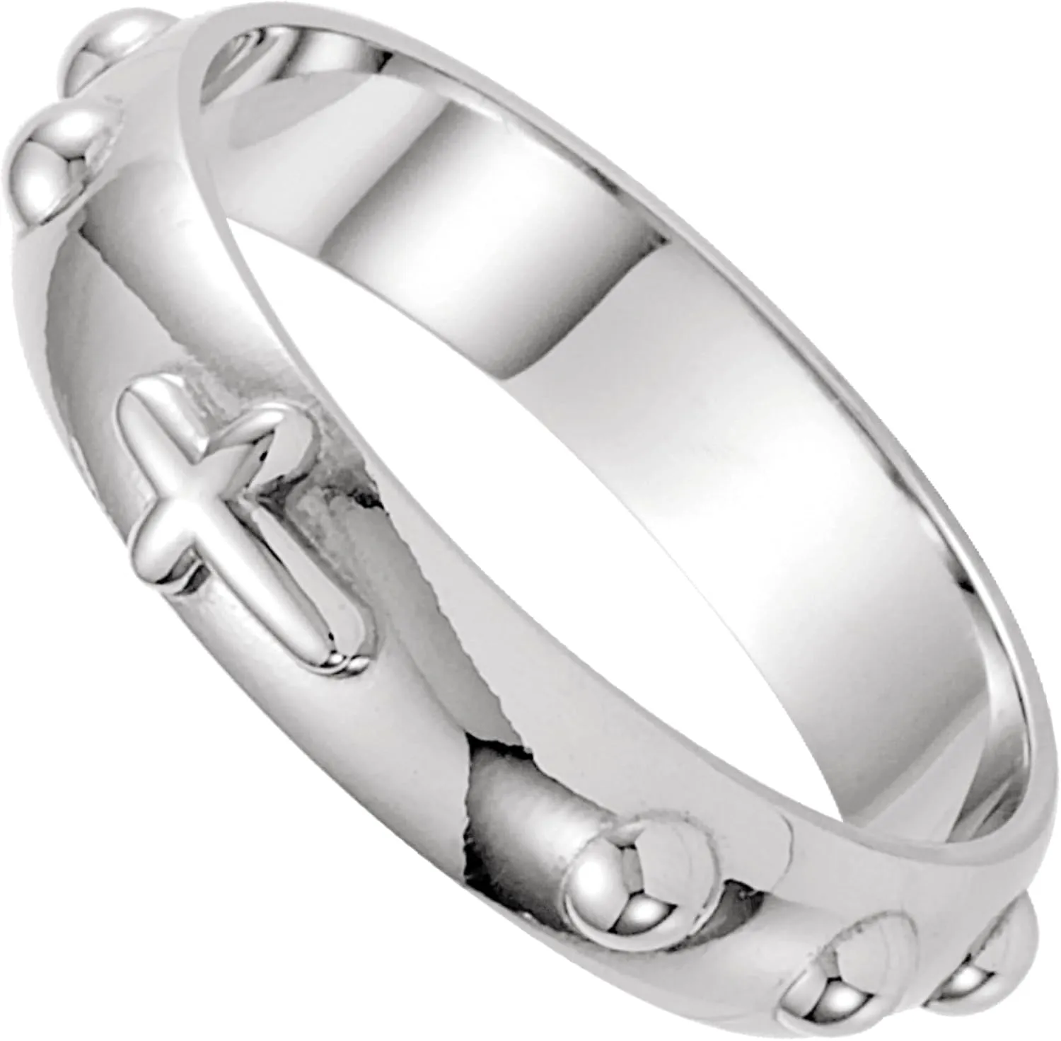 Men's & Women's 14k White Gold 5mm Cross & Rosary Band Ring with Jewelry Gift Box - Ideal for Weddings, Anniversaries, Baptisms, Christenings & Special Occasions