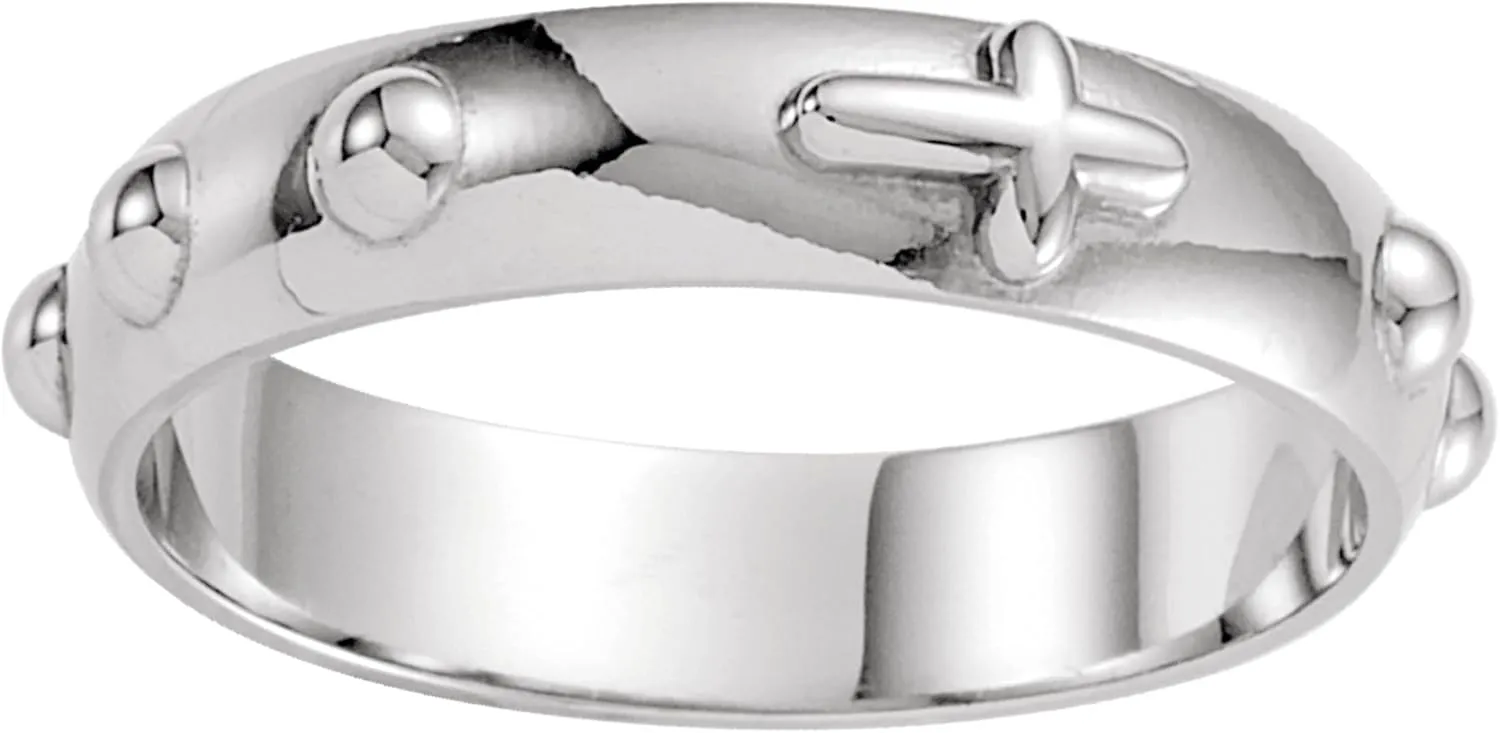 Men's & Women's 14k White Gold 5mm Cross & Rosary Band Ring with Jewelry Gift Box - Ideal for Weddings, Anniversaries, Baptisms, Christenings & Special Occasions