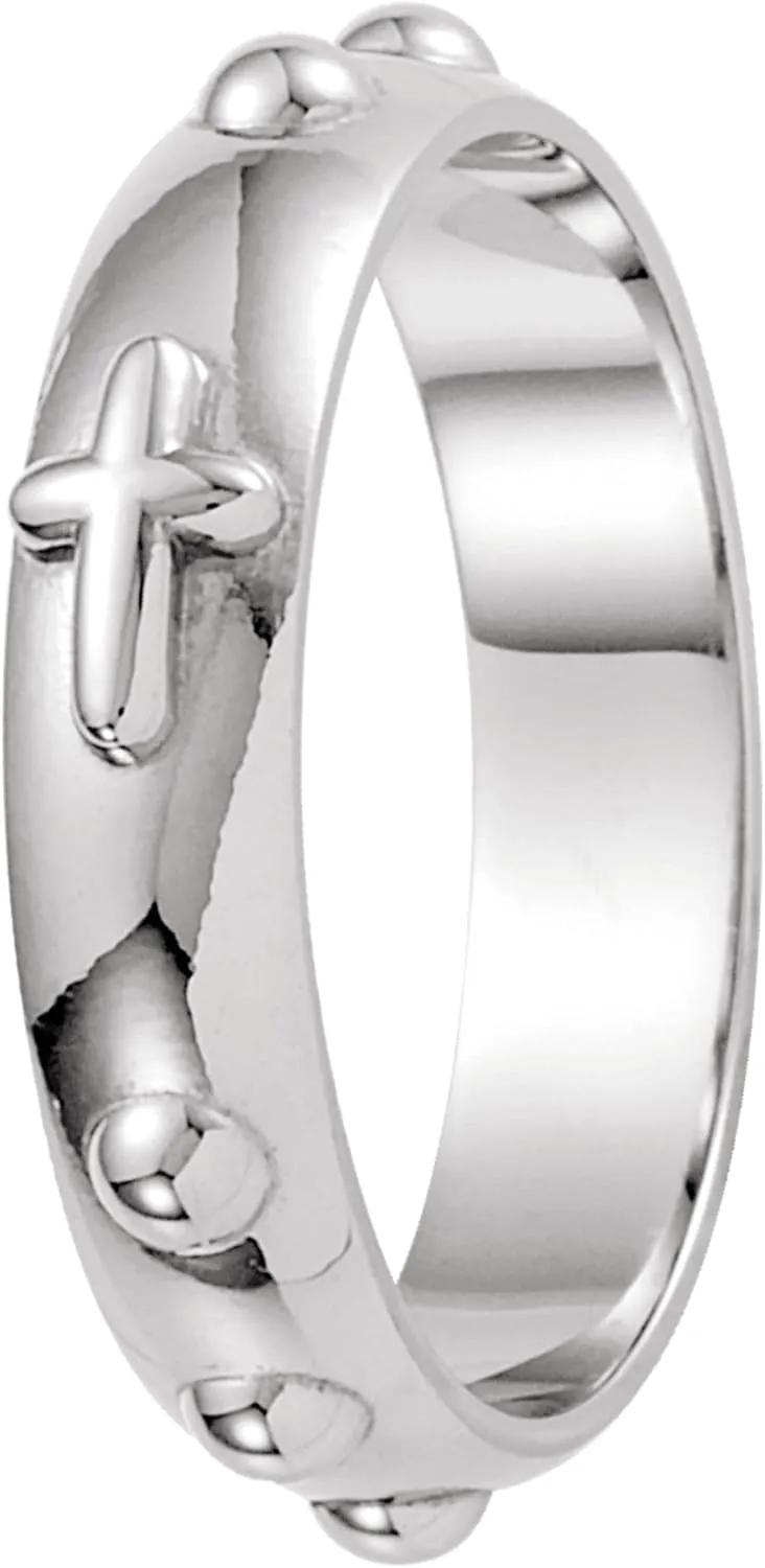 Men's & Women's 14k White Gold 5mm Cross & Rosary Band Ring with Jewelry Gift Box - Ideal for Weddings, Anniversaries, Baptisms, Christenings & Special Occasions