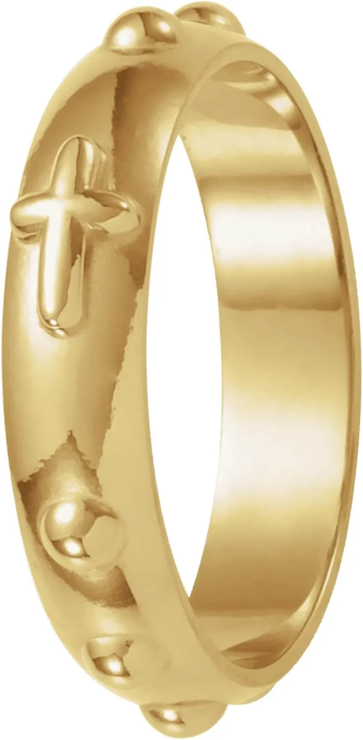 Men's & Women's 14k Yellow Gold 5mm Cross & Rosary Band Ring with Gift Box - Ideal for Religious Ceremonies, Birthdays, Holidays, Milestone Events