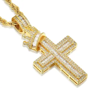 Men's Crown Cross Necklace - Copper Base with Silver and Gold Plating, Religious Cross Pendant Jewelry for Men