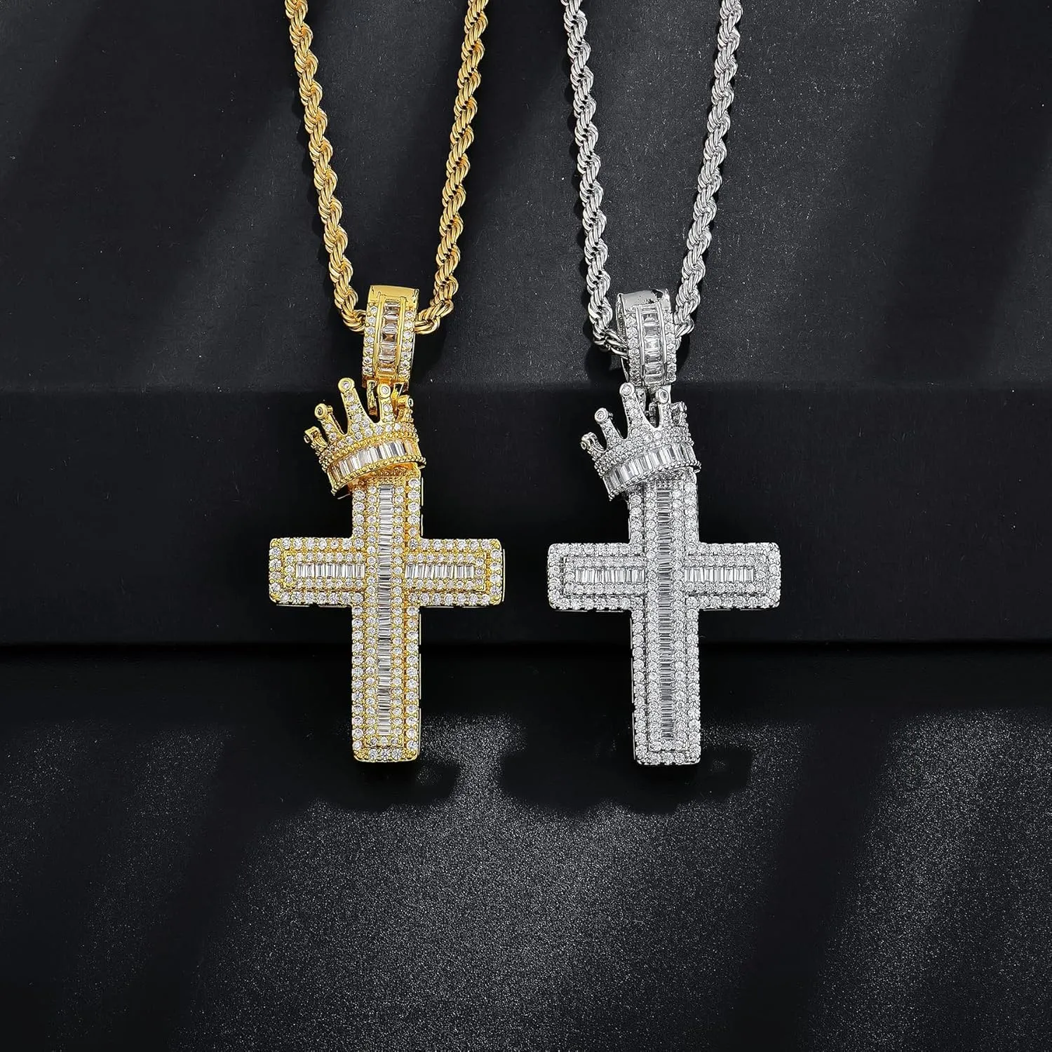 Men's Crown Cross Necklace - Copper Base with Silver and Gold Plating, Religious Cross Pendant Jewelry for Men