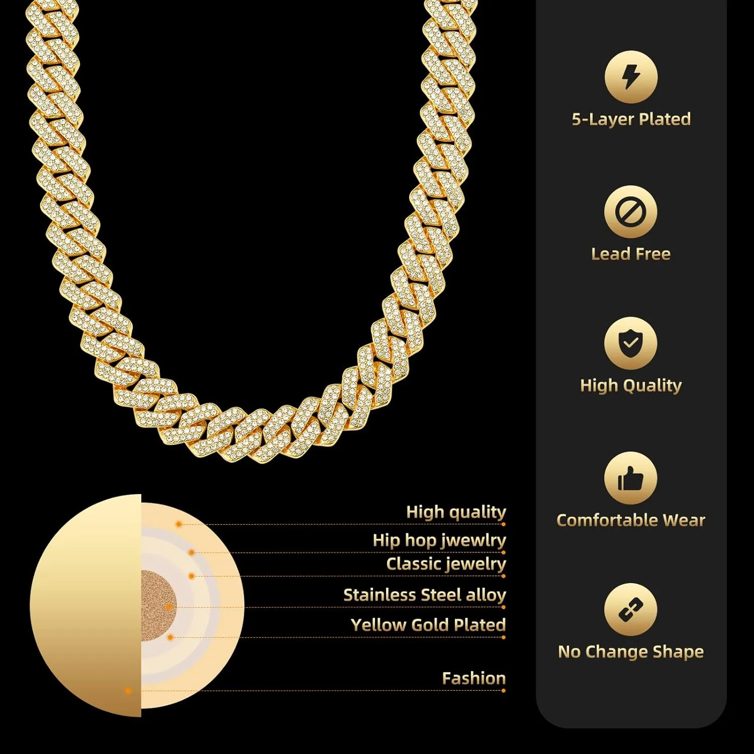 Mens Cuban Link Chain Miami Cuban Necklace 18K Gold Silver Chain Diamond Cut Chains For Men Women 14mm Iced Out Hip Hop Jewelry