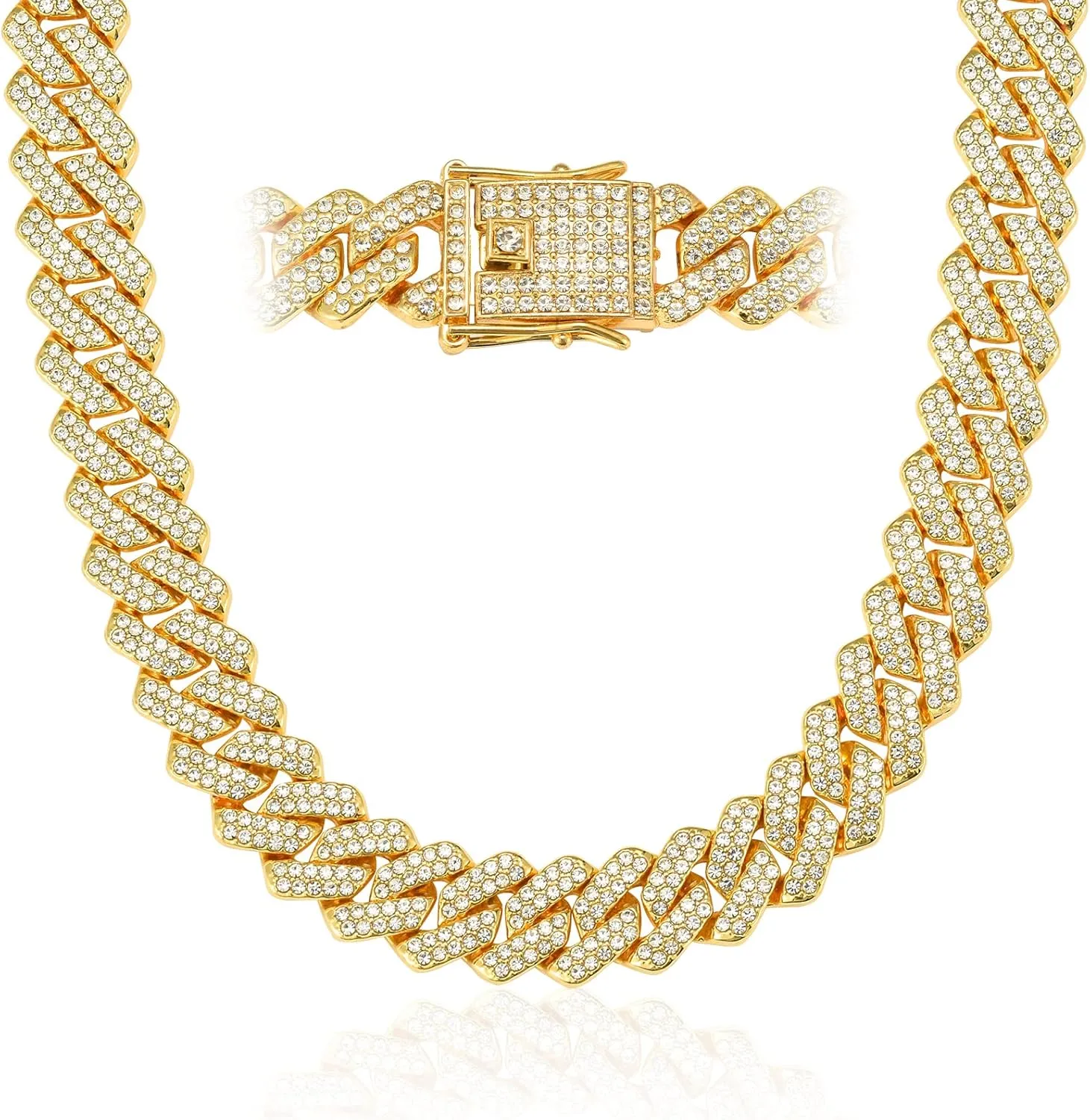 Mens Cuban Link Chain Miami Cuban Necklace 18K Gold Silver Chain Diamond Cut Chains For Men Women 14mm Iced Out Hip Hop Jewelry