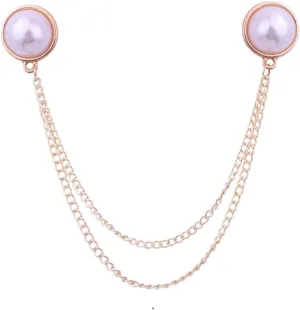 Mens Pearl Brooch Lapel Pin Badge with Hanging Chains Alloy Metal Tassel Collar Brooches Pin for Career Suit Tie Hat Scarf