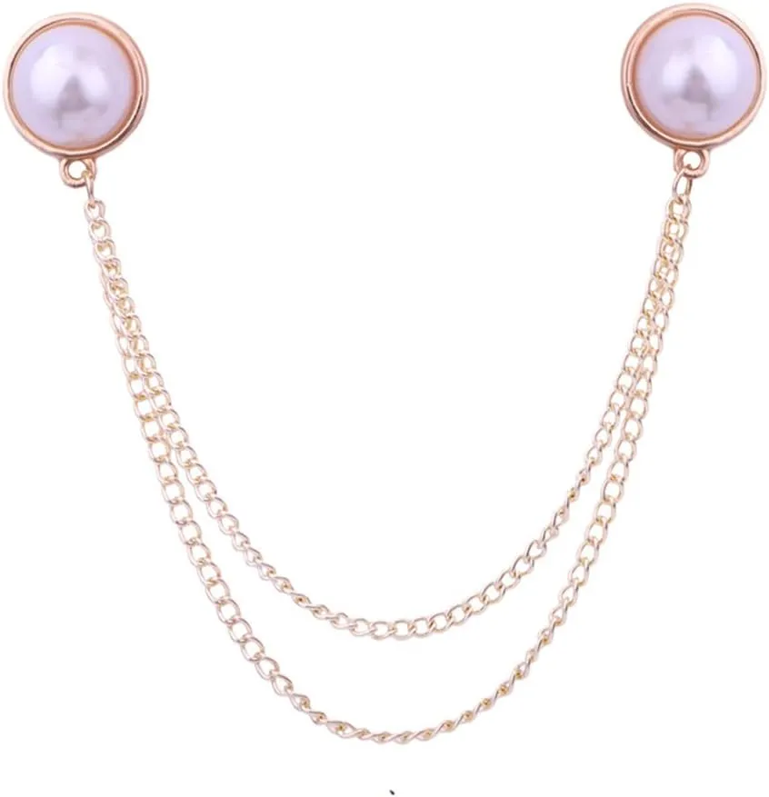 Mens Pearl Brooch Lapel Pin Badge with Hanging Chains Alloy Metal Tassel Collar Brooches Pin for Career Suit Tie Hat Scarf