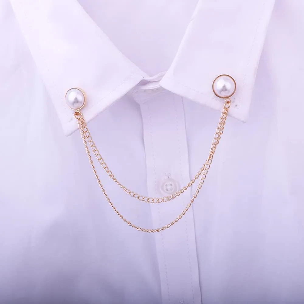 Mens Pearl Brooch Lapel Pin Badge with Hanging Chains Alloy Metal Tassel Collar Brooches Pin for Career Suit Tie Hat Scarf
