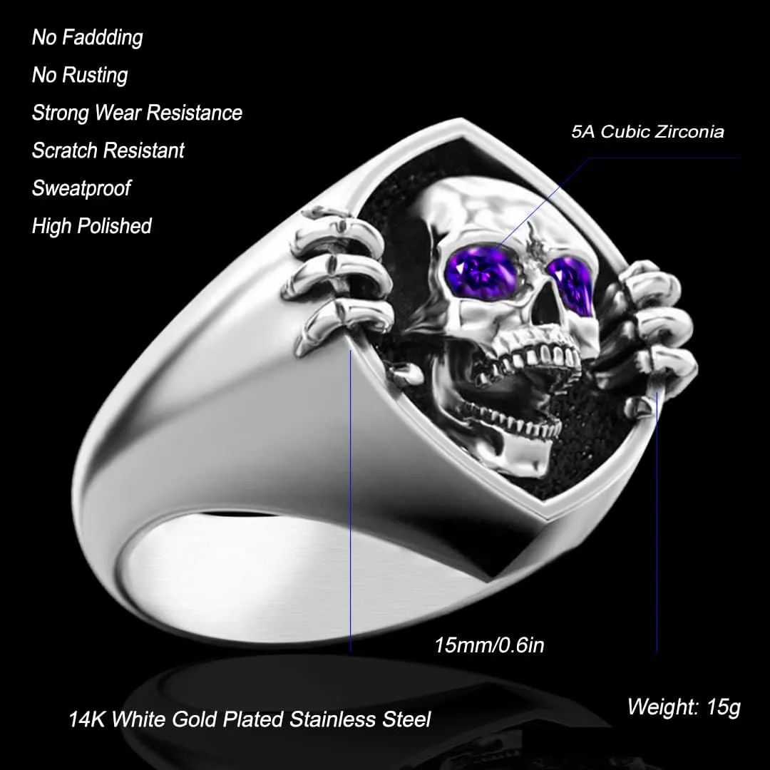 Mens Skull Ring,Cool Exquisite Stainless Steel Skeleton Ring,Gothic Retro Vintage Punk Biker Cocktail Party Death Head Ring Halloween Jewelry for Men