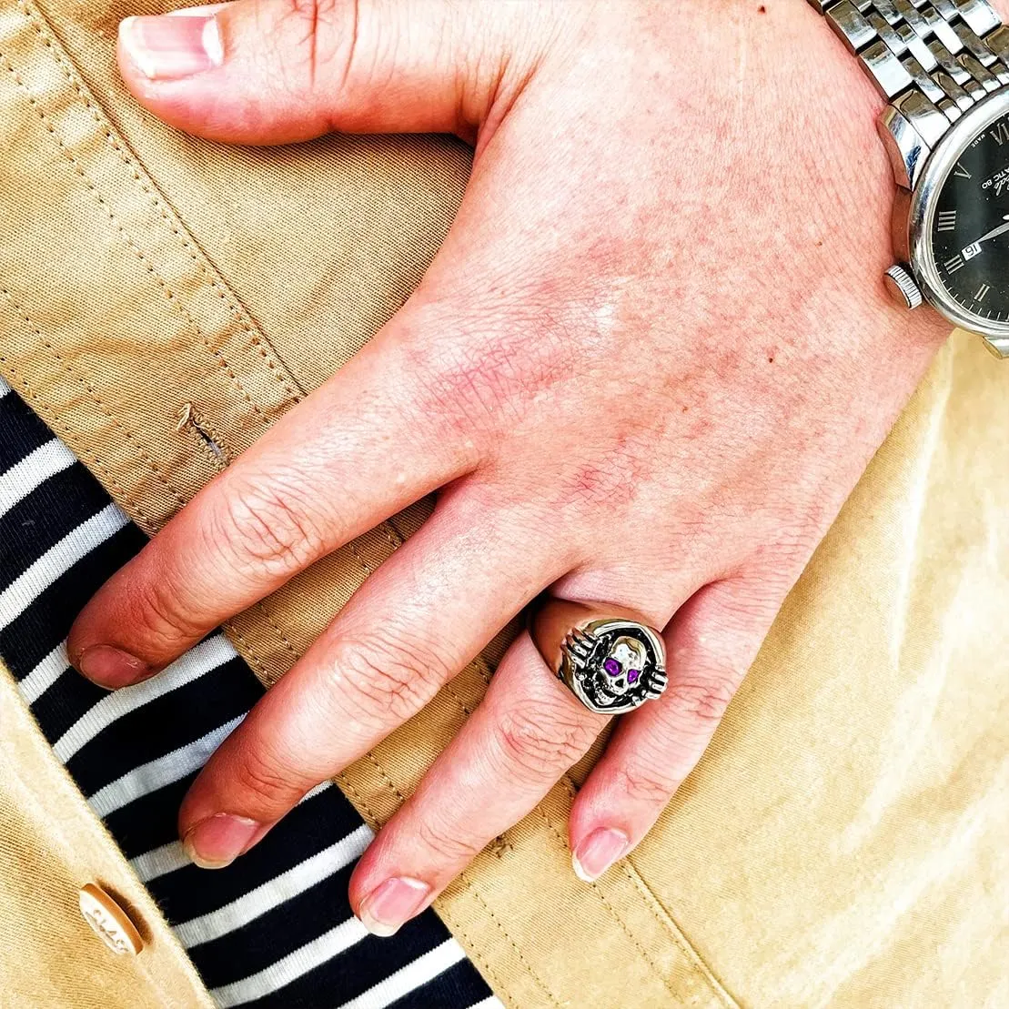 Mens Skull Ring,Cool Exquisite Stainless Steel Skeleton Ring,Gothic Retro Vintage Punk Biker Cocktail Party Death Head Ring Halloween Jewelry for Men
