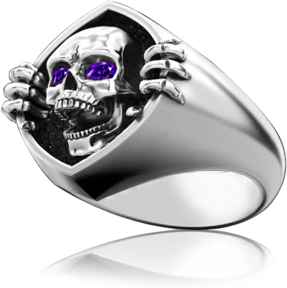 Mens Skull Ring,Cool Exquisite Stainless Steel Skeleton Ring,Gothic Retro Vintage Punk Biker Cocktail Party Death Head Ring Halloween Jewelry for Men
