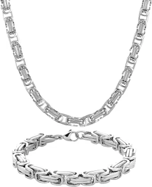 Men's Stainless Steel 24" Byzantine Chain Necklace Bracelet Set