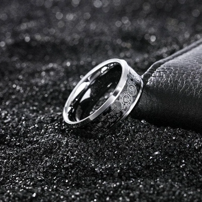 Men's Tungsten Wedding Band with Steampunk Wheel Inlay
