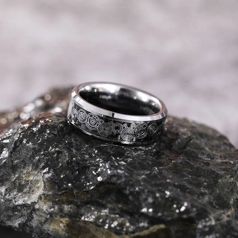 Men's Tungsten Wedding Band with Steampunk Wheel Inlay
