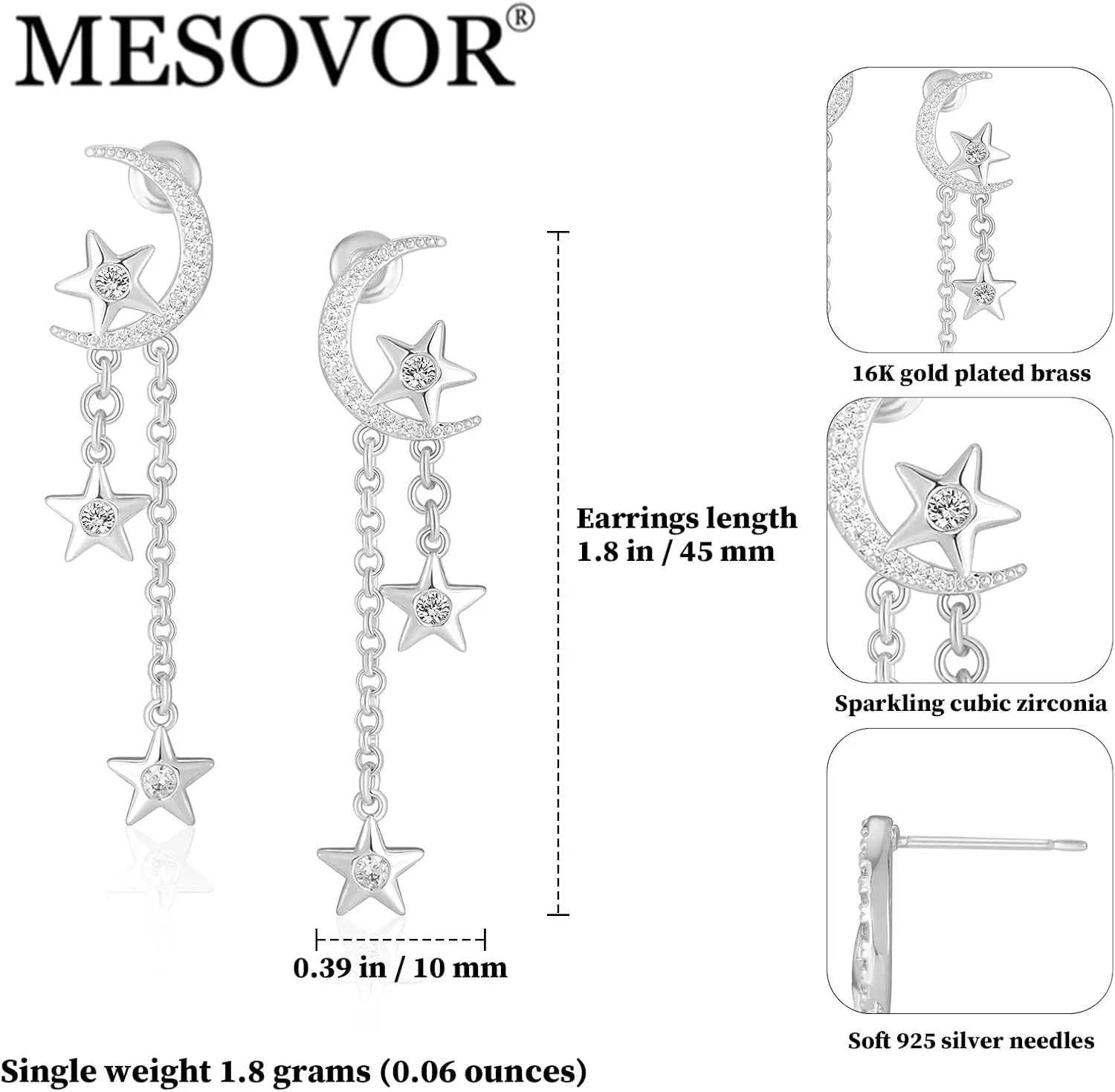 MESOVOR Moon Star Dangle Earrings, 16K Gold Plated Drop Tassel | Sparkling Zirconia Asymmetrical Earrings for Women