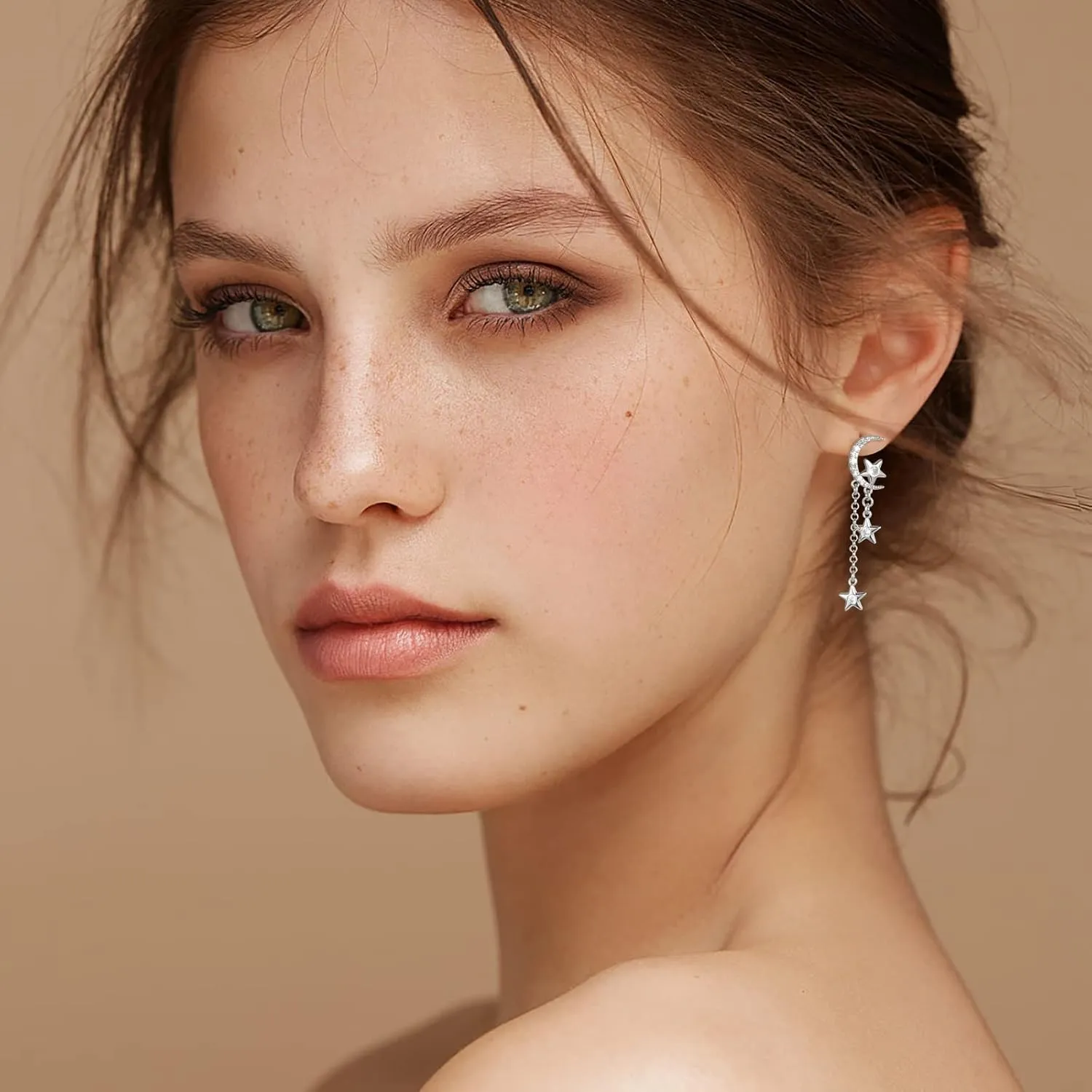 MESOVOR Moon Star Dangle Earrings, 16K Gold Plated Drop Tassel | Sparkling Zirconia Asymmetrical Earrings for Women